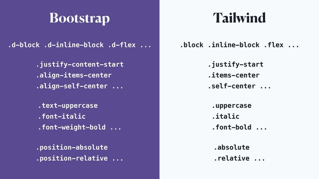 Bootstrap Tailwind
.d-block .d-inline-block .d-flex ... .block .inline-block .flex ...
.justify-content-start
.align-items-center
.align-self-center ...
.justify-start
.items-center
.self-center ...
.text-uppercase
.font-italic
.font-weight-bold ...
.uppercase
.italic
.font-bold ...
.position-absolute
.position-relative ...
.absolute
.relative ...
