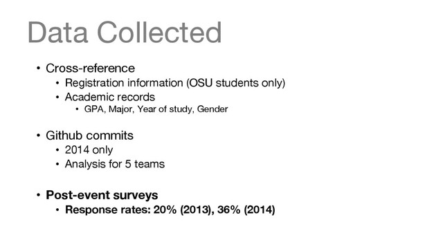 Data Collected
•  Cross-reference
•  Registration information (OSU students only)
•  Academic records
•  GPA, Major, Year of study, Gender
•  Github commits
•  2014 only
•  Analysis for 5 teams
•  Post-event surveys
•  Response rates: 20% (2013), 36% (2014)
