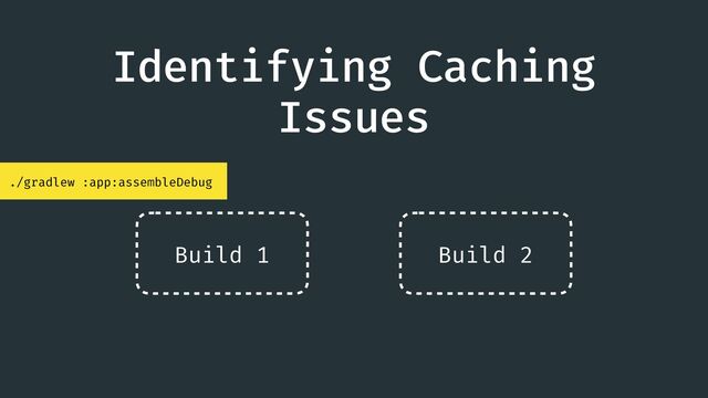 Identifying Caching
Issues
./gradlew :app:assembleDebug
Build 1 Build 2
