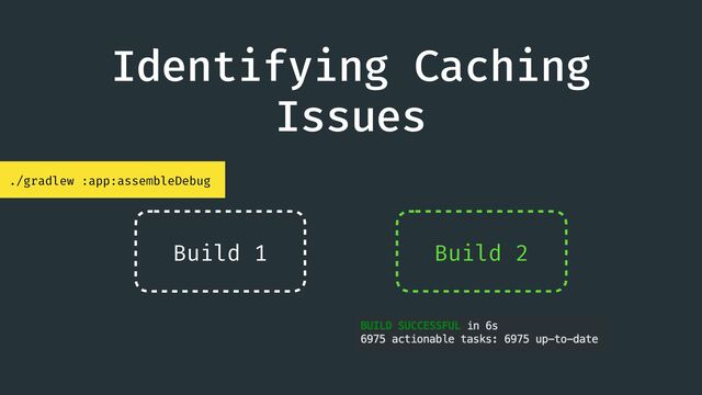 Identifying Caching
Issues
./gradlew :app:assembleDebug
Build 1 Build 2
