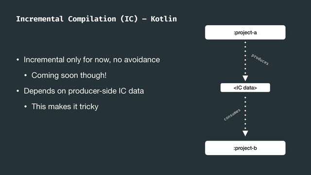 Incremental Compilation (IC) – Kotlin
• Incremental only for now, no avoidance

• Coming soon though!

• Depends on producer-side IC data

• This makes it tricky
:project-a
:project-b

produces
consumes
