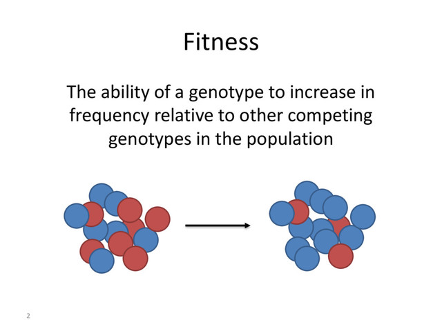 Fitness
The ability of a genotype to increase in
frequency relative to other competing
genotypes in the population
2
