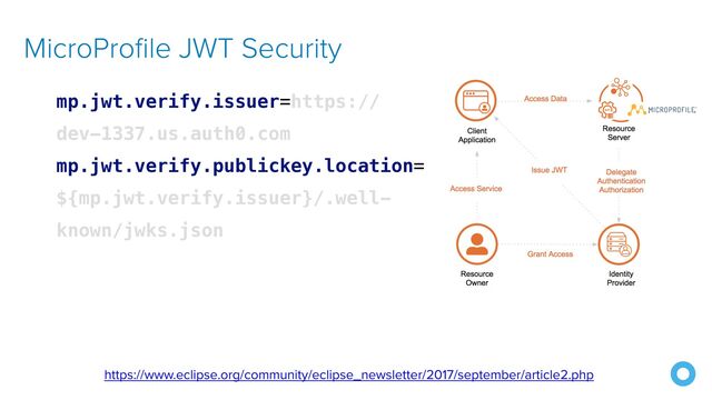 mp.jwt.verify.issuer=https://
dev-1337.us.auth0.com


mp.jwt.verify.publickey.location=
${mp.jwt.verify.issuer}/.well-
known/jwks.json
MicroProfile JWT Security
https://www.eclipse.org/community/eclipse_newsletter/2017/september/article2.php
