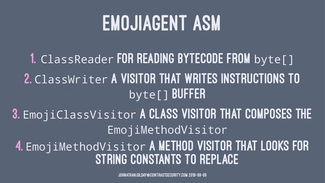 EMOJIAGENT ASM
1. ClassReader for reading bytecode from byte[]
2. ClassWriter a visitor that writes instructions to
byte[] buffer
3. EmojiClassVisitor a class visitor that composes the
EmojiMethodVisitor
4. EmojiMethodVisitor a method visitor that looks for
String constants to replace
johnathan.gilday@contrastsecurity.com 2018-09-09
