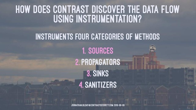 HOW DOES CONTRAST DISCOVER THE DATA FLOW
USING INSTRUMENTATION?
Instruments four categories of methods
1. Sources
2. Propagators
3. Sinks
4. Sanitizers
johnathan.gilday@contrastsecurity.com 2018-09-09
