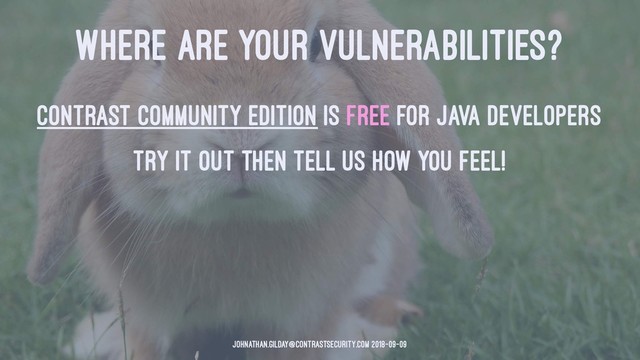 WHERE ARE YOUR VULNERABILITIES?
Contrast Community Edition is free for Java developers
Try it out then tell us how you feel!
johnathan.gilday@contrastsecurity.com 2018-09-09
