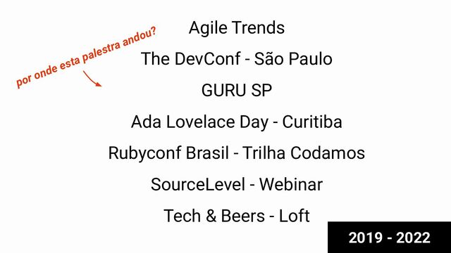 por onde esta palestra andou?
Agile Trends
The DevConf - São Paulo
GURU SP
Ada Lovelace Day - Curitiba
Rubyconf Brasil - Trilha Codamos
SourceLevel - Webinar
Tech & Beers - Loft
2019 - 2022
