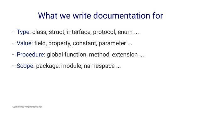 What we write documentation for
- Type: class, struct, interface, protocol, enum ...
- Value: ﬁeld, property, constant, parameter ...
- Procedure: global function, method, extension ...
- Scope: package, module, namespace ...
Comments > Documentation

