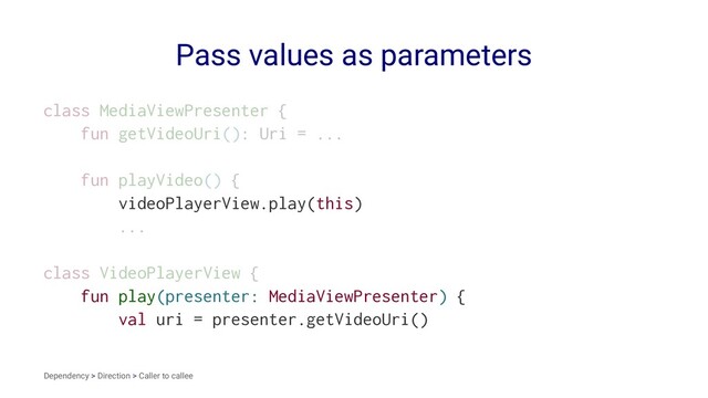 Pass values as parameters
class MediaViewPresenter {
fun getVideoUri(): Uri = ...
fun playVideo() {
videoPlayerView.play(this)
...
class VideoPlayerView {
fun play(presenter: MediaViewPresenter) {
val uri = presenter.getVideoUri()
Dependency > Direction > Caller to callee
