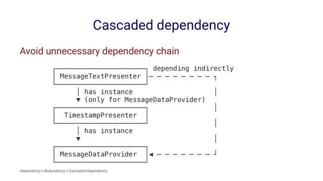 Cascaded dependency
Avoid unnecessary dependency chain
┌──────────────────────┐ depending indirectly
│ MessageTextPresenter │─ ─ ─ ─ ─ ─ ─ ─ ┐
└──────────────────────┘
│ has instance │
▼ (only for MessageDataProvider)
┌──────────────────────┐ │
│ TimestampPresenter │
└──────────────────────┘ │
│ has instance
▼ │
┌──────────────────────┐
│ MessageDataProvider │◀ ─ ─ ─ ─ ─ ─ ─ ┘
└──────────────────────┘
Dependency > Redundancy > Cascaded dependency
