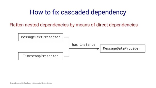 How to ﬁx cascaded dependency
Flatten nested dependencies by means of direct dependencies
┌──────────────────────┐
│ MessageTextPresenter │──┐
└──────────────────────┘ │
│ has instance ┌──────────────────────┐
├──────────────▶│ MessageDataProvider │
┌──────────────────────┐ │ └──────────────────────┘
│ TimestampPresenter │──┘
└──────────────────────┘
Dependency > Redundancy > Cascaded dependency
