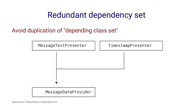 Redundant dependency set
Avoid duplication of "depending class set"
┌─────────────────────────┐ ┌─────────────────────────┐
│ MessageTextPresenter │ │ TimestampPresenter │
└─────────────────────────┘ └─────────────────────────┘
│ │
│ │
│ │
├───────────────────────────┘
│
│
▼
┌─────────────────────────┐
│ MessageDataProvider │
└─────────────────────────┘
Dependency > Redundancy > Dependency set
