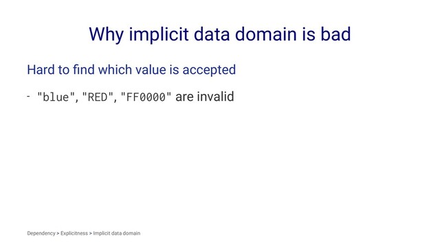 Why implicit data domain is bad
Hard to ﬁnd which value is accepted
- "blue", "RED", "FF0000" are invalid
Dependency > Explicitness > Implicit data domain
