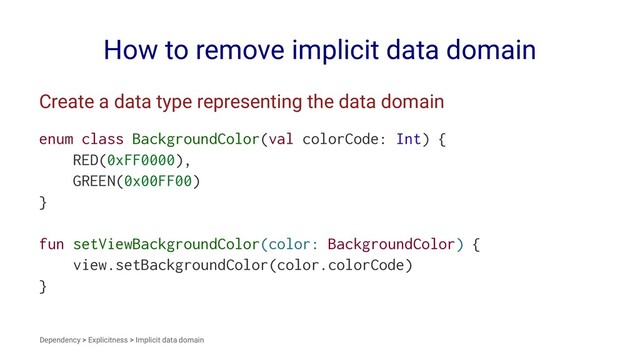 How to remove implicit data domain
Create a data type representing the data domain
enum class BackgroundColor(val colorCode: Int) {
RED(0xFF0000),
GREEN(0x00FF00)
}
fun setViewBackgroundColor(color: BackgroundColor) {
view.setBackgroundColor(color.colorCode)
}
Dependency > Explicitness > Implicit data domain
