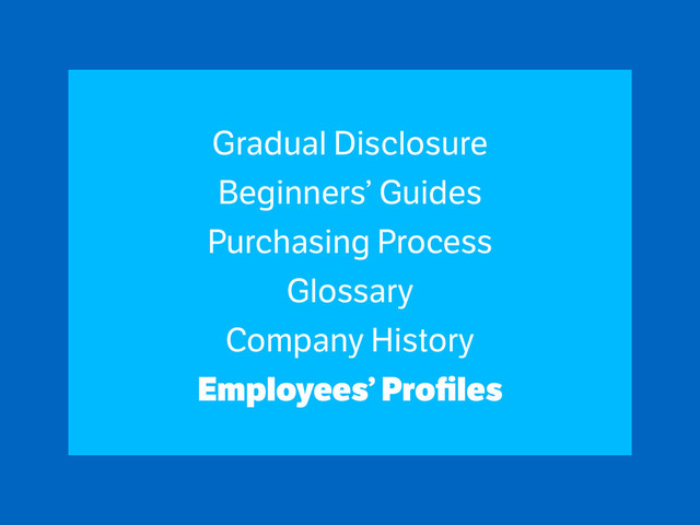 Gradual Disclosure
Beginners’ Guides
Purchasing Process
Glossary
Company History
Employees’ Proﬁles
