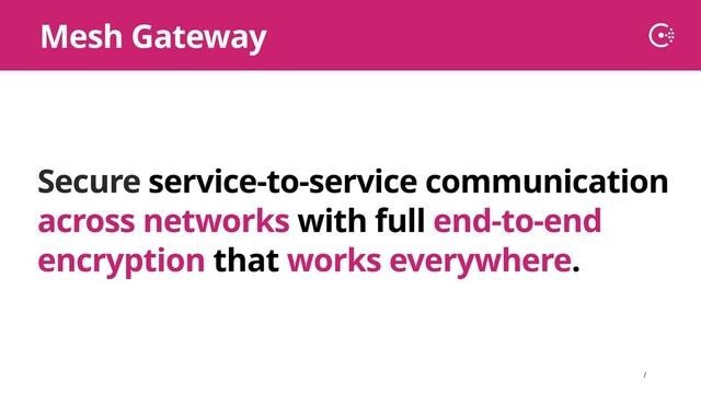 ∕
Secure service-to-service communication
across networks with full end-to-end
encryption that works everywhere.
Mesh Gateway
