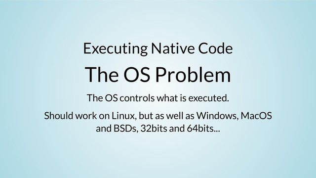 Executing Native Code
The OS Problem
The OS controls what is executed.
Should work on Linux, but as well as Windows, MacOS
and BSDs, 32bits and 64bits...
