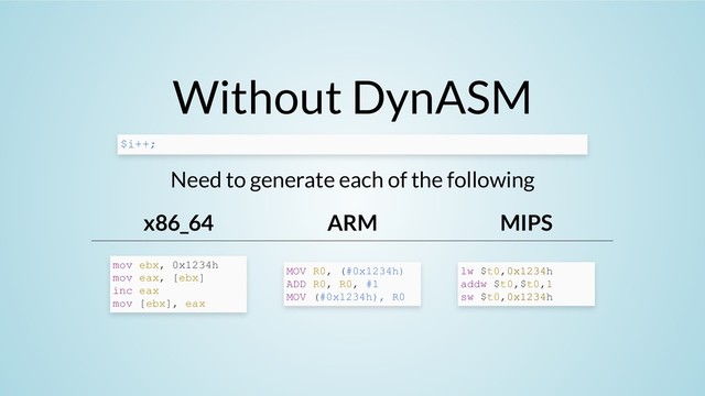 Without DynASM
Need to generate each of the following
x86_64 ARM MIPS
$i++;
mov ebx, 0x1234h
mov eax, [ebx]
inc eax
mov [ebx], eax
MOV R0, (#0x1234h)
ADD R0, R0, #1
MOV (#0x1234h), R0
lw $t0,0x1234h
addw $t0,$t0,1
sw $t0,0x1234h

