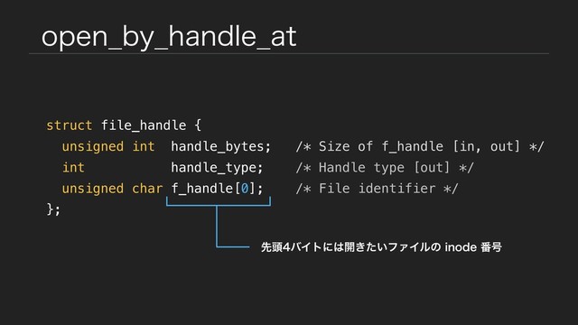 PQFO@CZ@IBOEMF@BU
struct file_handle {
unsigned int handle_bytes; /* Size of f_handle [in, out] */
int handle_type; /* Handle type [out] */
unsigned char f_handle[0]; /* File identifier */
};
ઌ಄όΠτʹ͸։͖͍ͨϑΝΠϧͷJOPEF൪߸

