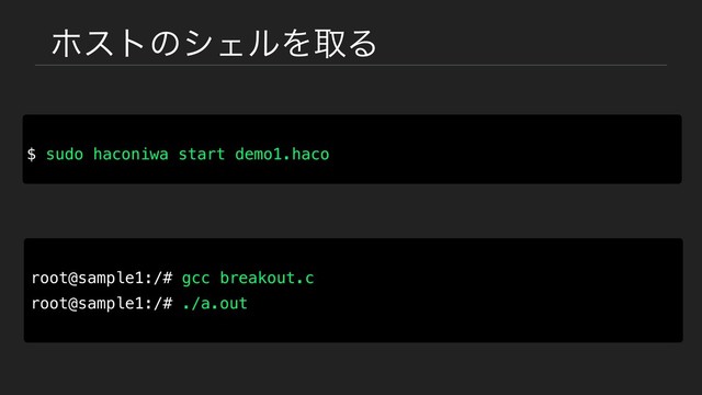 ϗετͷγΣϧΛऔΔ
root@sample1:/# gcc breakout.c
root@sample1:/# ./a.out
$ sudo haconiwa start demo1.haco
