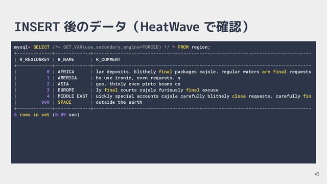 INSERT 後のデータ（HeatWave で確認）
mysql> SELECT /*+ SET_VAR(use_secondary_engine=FORCED) */ * FROM region;
+-------------+-------------+--------------------------------------------------------------------------------
| R_REGIONKEY | R_NAME | R_COMMENT
+-------------+-------------+--------------------------------------------------------------------------------
| 0 | AFRICA | lar deposits. blithely final packages cajole. regular waters are final requests
| 1 | AMERICA | hs use ironic, even requests. s
| 2 | ASIA | ges. thinly even pinto beans ca
| 3 | EUROPE | ly final courts cajole furiously final excuse
| 4 | MIDDLE EAST | uickly special accounts cajole carefully blithely close requests. carefully fin
| 999 | SPACE | outside the earth
+-------------+-------------+--------------------------------------------------------------------------------
6 rows in set (0.09 sec)
43
