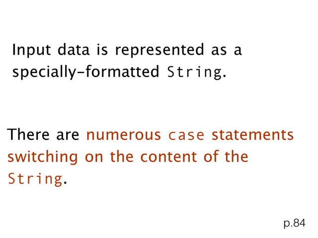 Input data is represented as a
specially-formatted String.
There are numerous case statements
switching on the content of the
String.
p.84
