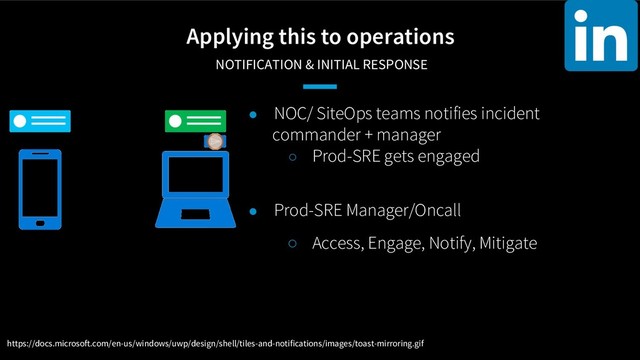 Applying this to operations
NOTIFICATION & INITIAL RESPONSE
● NOC/ SiteOps teams notifies incident
commander + manager
○ Prod-SRE gets engaged
● Prod-SRE Manager/Oncall
○ Access, Engage, Notify, Mitigate
https://docs.microsoft.com/en-us/windows/uwp/design/shell/tiles-and-notifications/images/toast-mirroring.gif
