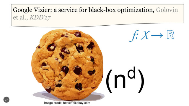 27
Google Vizier: a service for black-box optimization, Golovin
et al., KDD’17
Image credit: https://pixabay.com
(nd)
f: X → ℝ
