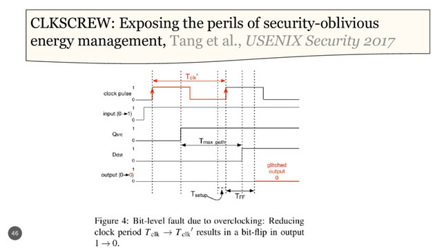 46
CLKSCREW: Exposing the perils of security-oblivious
energy management, Tang et al., USENIX Security 2017
