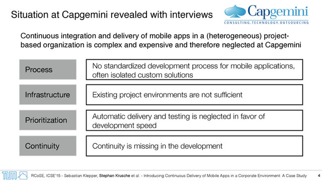 RCoSE, ICSE’15 - Sebastian Klepper, Stephan Krusche et al. - Introducing Continuous Delivery of Mobile Apps in a Corporate Environment: A Case Study
Situation at Capgemini revealed with interviews
Continuous integration and delivery of mobile apps in a (heterogeneous) project-
based organization is complex and expensive and therefore neglected at Capgemini
4
Process
No standardized development process for mobile applications,
often isolated custom solutions
Continuity Continuity is missing in the development
Infrastructure Existing project environments are not sufﬁcient
Prioritization
Automatic delivery and testing is neglected in favor of
development speed
