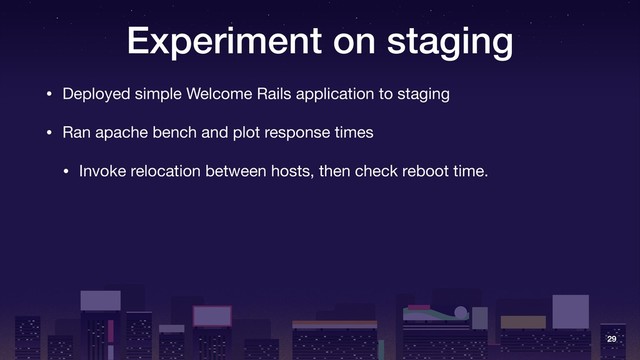 Experiment on staging
• Deployed simple Welcome Rails application to staging

• Ran apache bench and plot response times

• Invoke relocation between hosts, then check reboot time.
29

