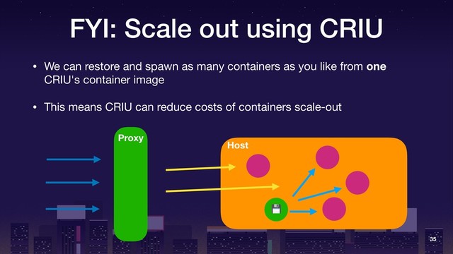 FYI: Scale out using CRIU
• We can restore and spawn as many containers as you like from one
CRIU's container image

• This means CRIU can reduce costs of containers scale-out
35
Proxy
Host

