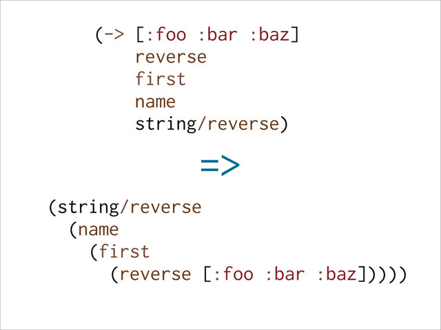 (-> [:foo :bar :baz]
reverse
first
name
string/reverse)
(string/reverse
(name
(first
(reverse [:foo :bar :baz]))))
=>
