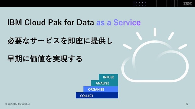 IBM Cloud Pak for Data
必要なサービスを即座に提供し
早期に価値を実現する
27
© 2021 IBM Corporation
COLLECT
ORGANIZE
ANALYZE
INFUSE
