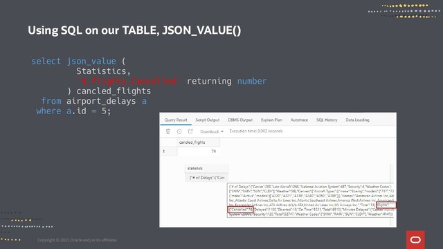 Copyright © 2021, Oracle and/or its affiliates
Using SQL on our TABLE, JSON_VALUE()
select json_value (
Statistics,
'$.Flights.Cancelled' returning number
) cancled_flights
from airport_delays a
where a.id = 5;
