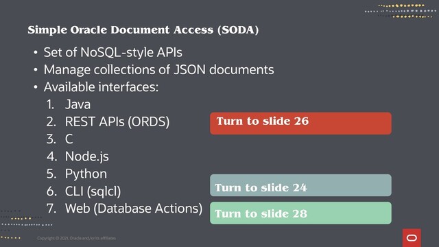 Copyright © 2021, Oracle and/or its affiliates
• Set of NoSQL-style APIs
• Manage collections of JSON documents
• Available interfaces:
1. Java
2. REST APIs (ORDS)
3. C
4. Node.js
5. Python
6. CLI (sqlcl)
7. Web (Database Actions)
