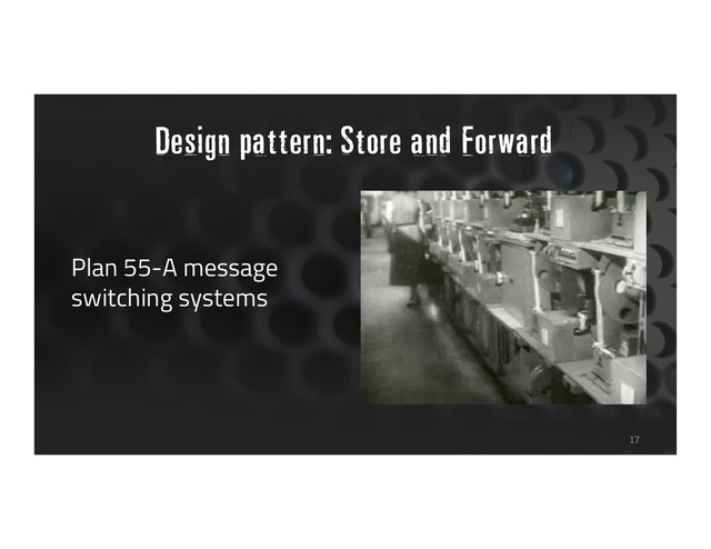Design pattern: Store and Forward
Plan 55-A message
switching systems
17

