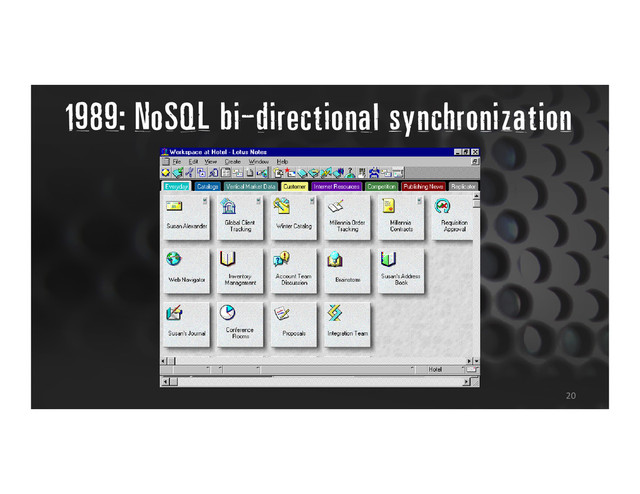 1989: NoSQL bi-directional synchronization
20
