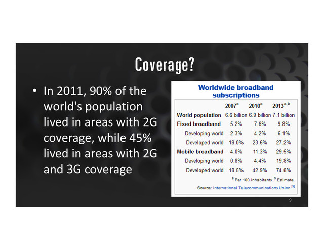 “Coverage?
9
• In 2011, 90% of the
world's population
lived in areas with 2G
coverage, while 45%
lived in areas with 2G
and 3G coverage
