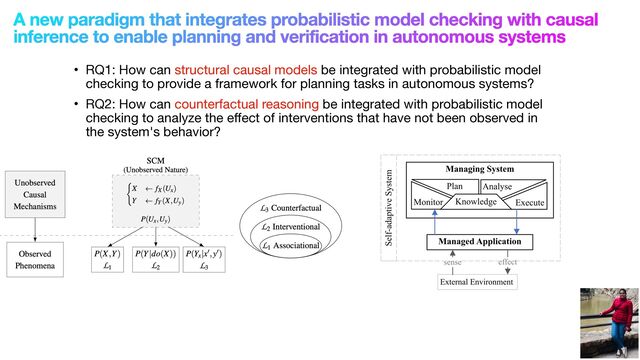 A new paradigm that integrates probabilistic model checking with causal
inference to enable planning and verification in autonomous systems
• RQ1: How can structural causal models be integrated with probabilistic model
checking to provide a framework for planning tasks in autonomous systems? 

• RQ2: How can counterfactual reasoning be integrated with probabilistic model
checking to analyze the effect of interventions that have not been observed in
the system's behavior?

