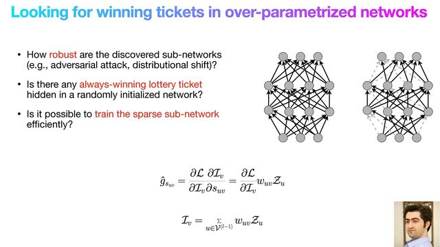 Looking for winning tickets in over-parametrized networks
• How robust are the discovered sub-networks
(e.g., adversarial attack, distributional shift)?

• Is there any always-winning lottery ticket
hidden in a randomly initialized network?

• Is it possible to train the sparse sub-network
e
ffi
ciently?
