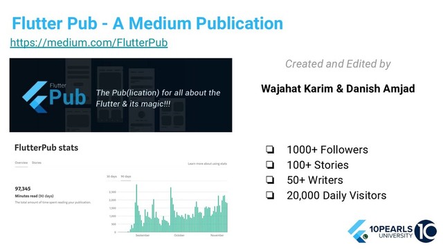 Flutter Pub - A Medium Publication
❏ 1000+ Followers
❏ 100+ Stories
❏ 50+ Writers
❏ 20,000 Daily Visitors
Created and Edited by
Wajahat Karim & Danish Amjad
https://medium.com/FlutterPub
