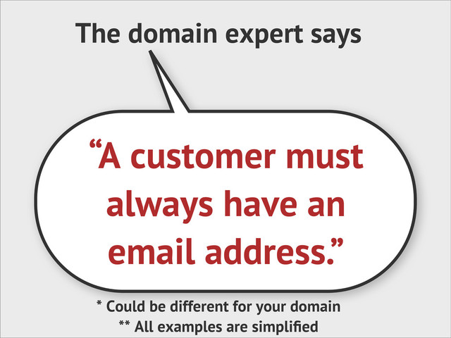 The domain expert says
“A customer must
always have an
email address.”
* Could be different for your domain
** All examples are simpliﬁed
