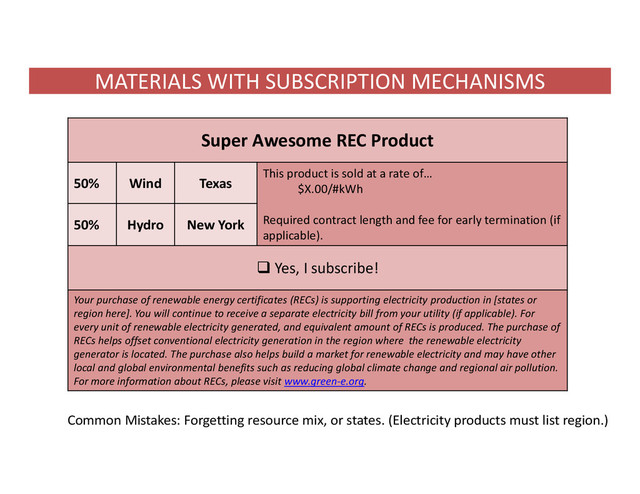 MATERIALS WITH SUBSCRIPTION MECHANISMS
Common Mistakes: Forgetting resource mix, or states. (Electricity products must list region.)
Super Awesome REC Product
50% Wind Texas
This product is sold at a rate of…
$X.00/#kWh
Required contract length and fee for early termination (if
applicable).
50% Hydro New York
 Yes, I subscribe!
Your purchase of renewable energy certificates (RECs) is supporting electricity production in [states or
region here]. You will continue to receive a separate electricity bill from your utility (if applicable). For
every unit of renewable electricity generated, and equivalent amount of RECs is produced. The purchase of
RECs helps offset conventional electricity generation in the region where the renewable electricity
generator is located. The purchase also helps build a market for renewable electricity and may have other
local and global environmental benefits such as reducing global climate change and regional air pollution.
For more information about RECs, please visit www.green‐e.org.

