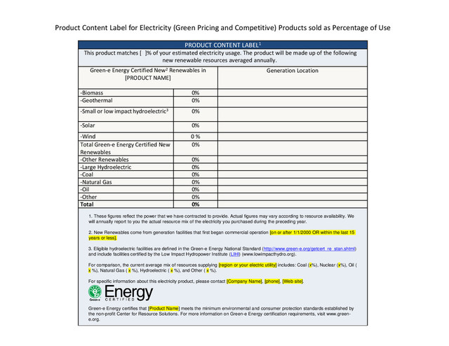 Product Content Label for Electricity (Green Pricing and Competitive) Products sold as Percentage of Use
PRODUCT CONTENT LABEL1
This product matches [ ]% of your estimated electricity usage. The product will be made up of the following
new renewable resources averaged annually.
Green‐e Energy Certified New2 Renewables in
[PRODUCT NAME]
Generation Location
‐Biomass 0%
‐Geothermal 0%
‐Small or low impacthydroelectric3 0%
‐Solar 0%
‐Wind 0 %
Total Green‐e Energy Certified New
Renewables
0%
‐Other Renewables 0%
‐Large Hydroelectric 0%
‐Coal 0%
‐Natural Gas 0%
‐Oil 0%
‐Other 0%
Total 0%
1. These figures reflect the power that we have contracted to provide. Actual figures may vary according to resource availability. We
will annually report to you the actual resource mix of the electricity you purchased during the preceding year.
2. New Renewables come from generation facilities that first began commercial operation [on or after 1/1/2000 OR within the last 15
years or less].
3. Eligible hydroelectric facilities are defined in the Green-e Energy National Standard (http://www.green-e.org/getcert_re_stan.shtml)
and include facilities certified by the Low Impact Hydropower Institute (LIHI) (www.lowimpacthydro.org).
For comparison, the current average mix of resources supplying [region or your electric utility] includes: Coal (x%), Nuclear (x%), Oil (
x %), Natural Gas ( x %), Hydroelectric ( x %), and Other ( x %).
For specific information about this electricity product, please contact [Company Name], [phone], [Web site].
Green-e Energy certifies that [Product Name] meets the minimum environmental and consumer protection standards established by
the non-profit Center for Resource Solutions. For more information on Green-e Energy certification requirements, visit www.green-
e.org.
