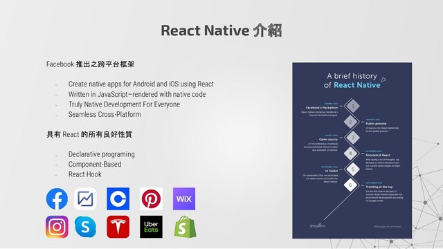 Facebook 推出之跨平台框架
- Create native apps for Android and iOS using React
- Written in JavaScript—rendered with native code
- Truly Native Development For Everyone
- Seamless Cross-Platform
具有 React 的所有良好性質
- Declarative programing
- Component-Based
- React Hook
React Native 介紹
