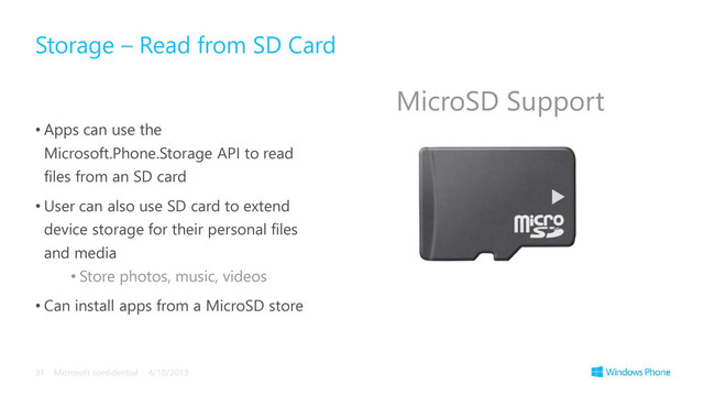 • Apps can use the
Microsoft.Phone.Storage API to read
files from an SD card
• User can also use SD card to extend
device storage for their personal files
and media
• Store photos, music, videos
• Can install apps from a MicroSD store
Storage – Read from SD Card
4/10/2013
Microsoft confidential
31
MicroSD Support

