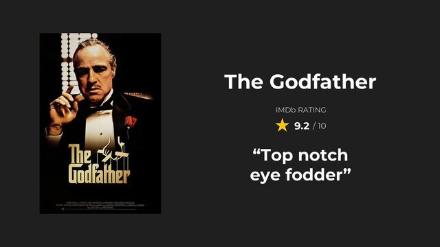 IMDb RATING
9.2 / 10
The Godfather
“Top notch
eye fodder”
