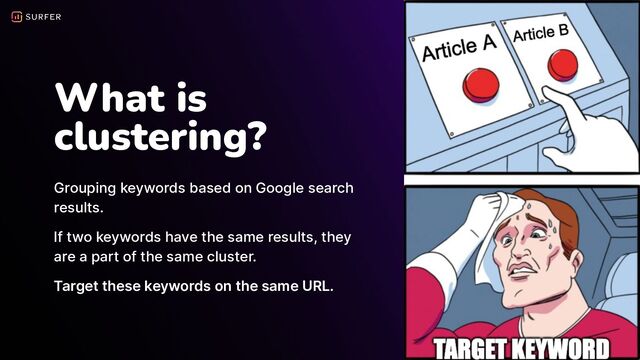 What is
clustering?
Grouping keywords based on Google search
results.
If two keywords have the same results, they
are a part of the same cluster.
Target these keywords on the same URL.
